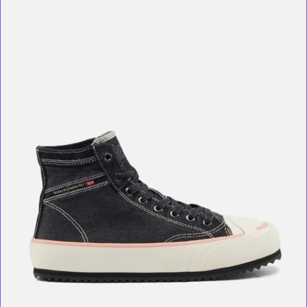 DIESEL S-Principia Mid Lace up Platform Sneakers Denim Canvas Shoes Black Coral